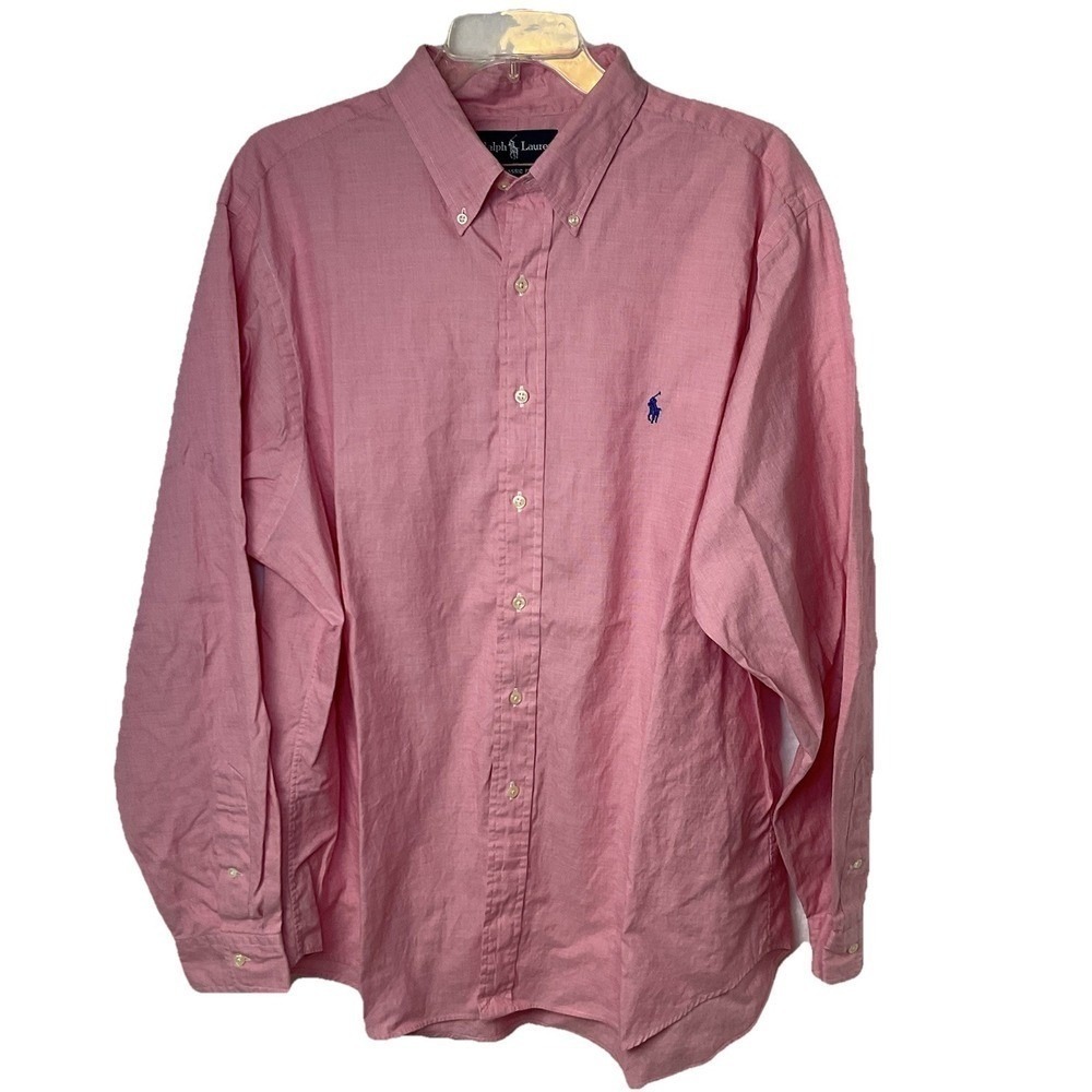 Ralph Lauren Men's Dress Shirt Men 17.5 XL Pink Cotton Blue Pony Button Down